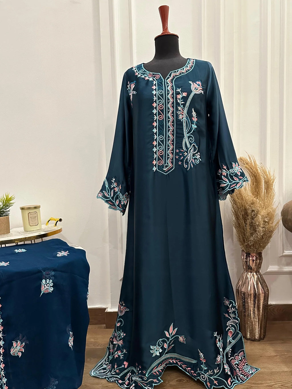 Teal Russian silk kaftan on mannequin with dupatta