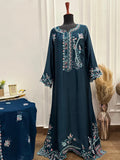 Teal Russian silk kaftan on mannequin with dupatta