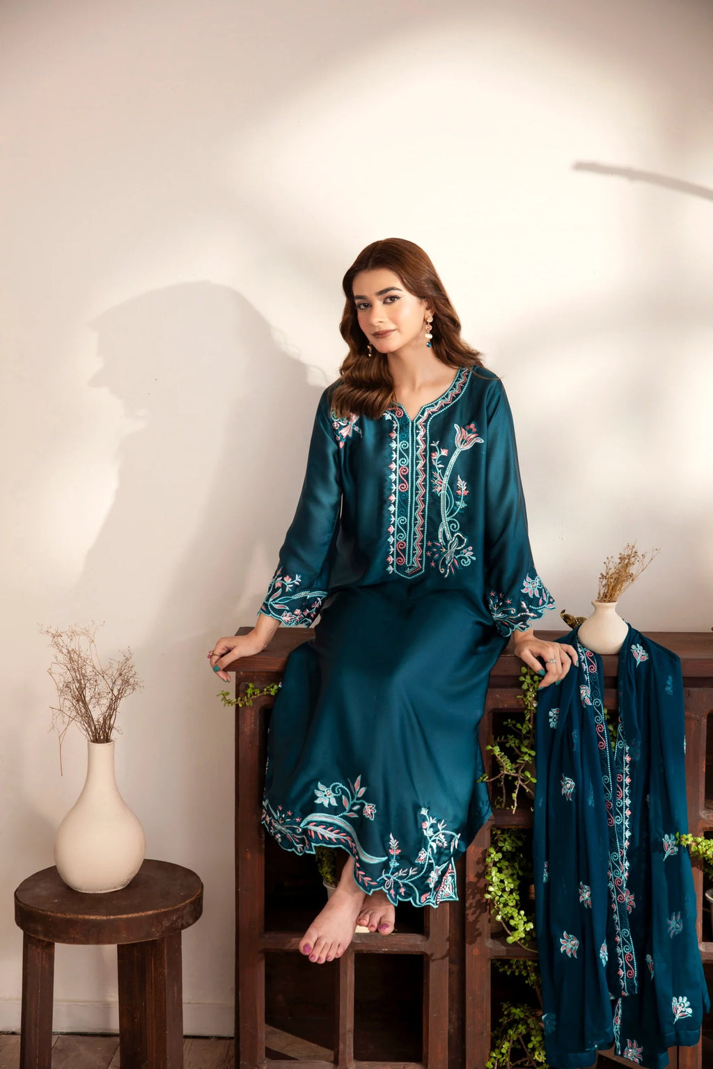 Teal Russian silk kaftan worn, with dupatta
