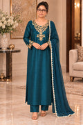 Teal silk suit with gold embroidered neckline