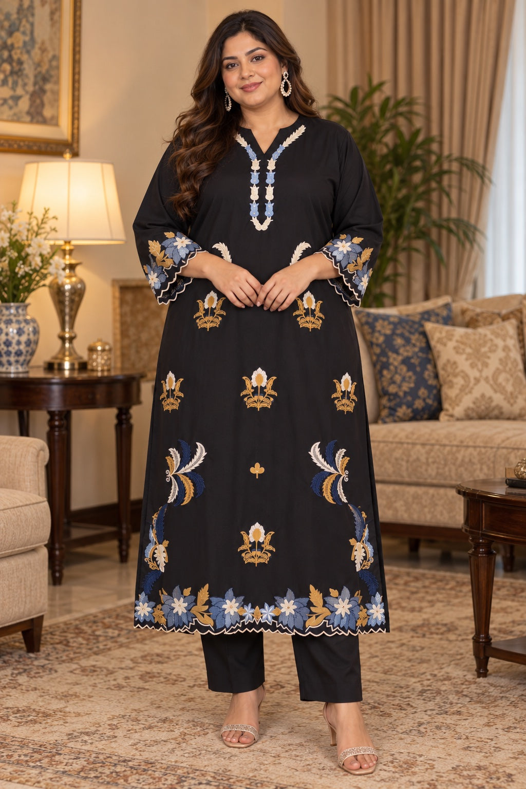 Floral embroidered kurta set, black