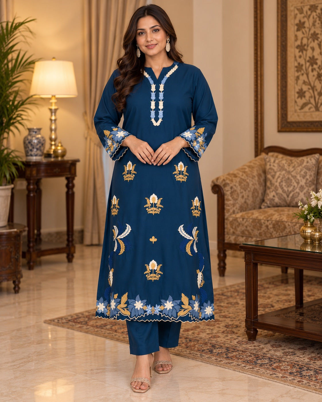 Floral embroidered kurta set, navy