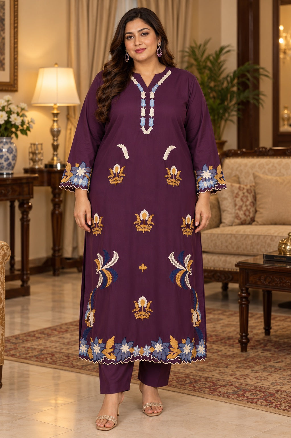 Floral embroidered kurta set, plum