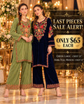 Floral Embroidered Velvet 2-Piece Set - Green and Dark Teal