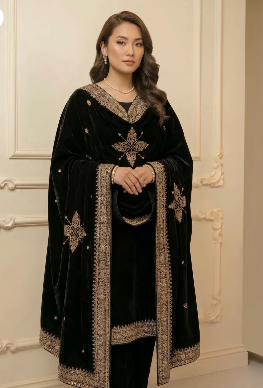 Embroidered Velvet Shawl - Black