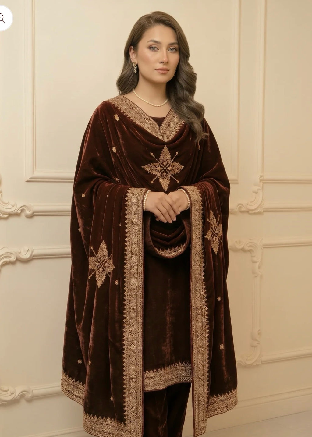Embroidered Velvet Shawl - Chocolate Brown