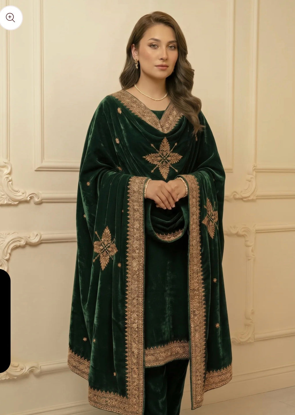 Embroidered Velvet Shawl - Emerald Green
