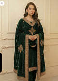 Embroidered Velvet Shawl - Emerald Green