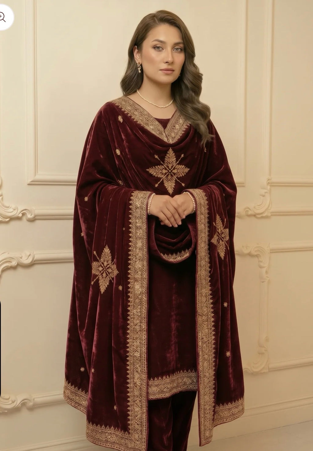 Embroidered Velvet Shawl - Maroon