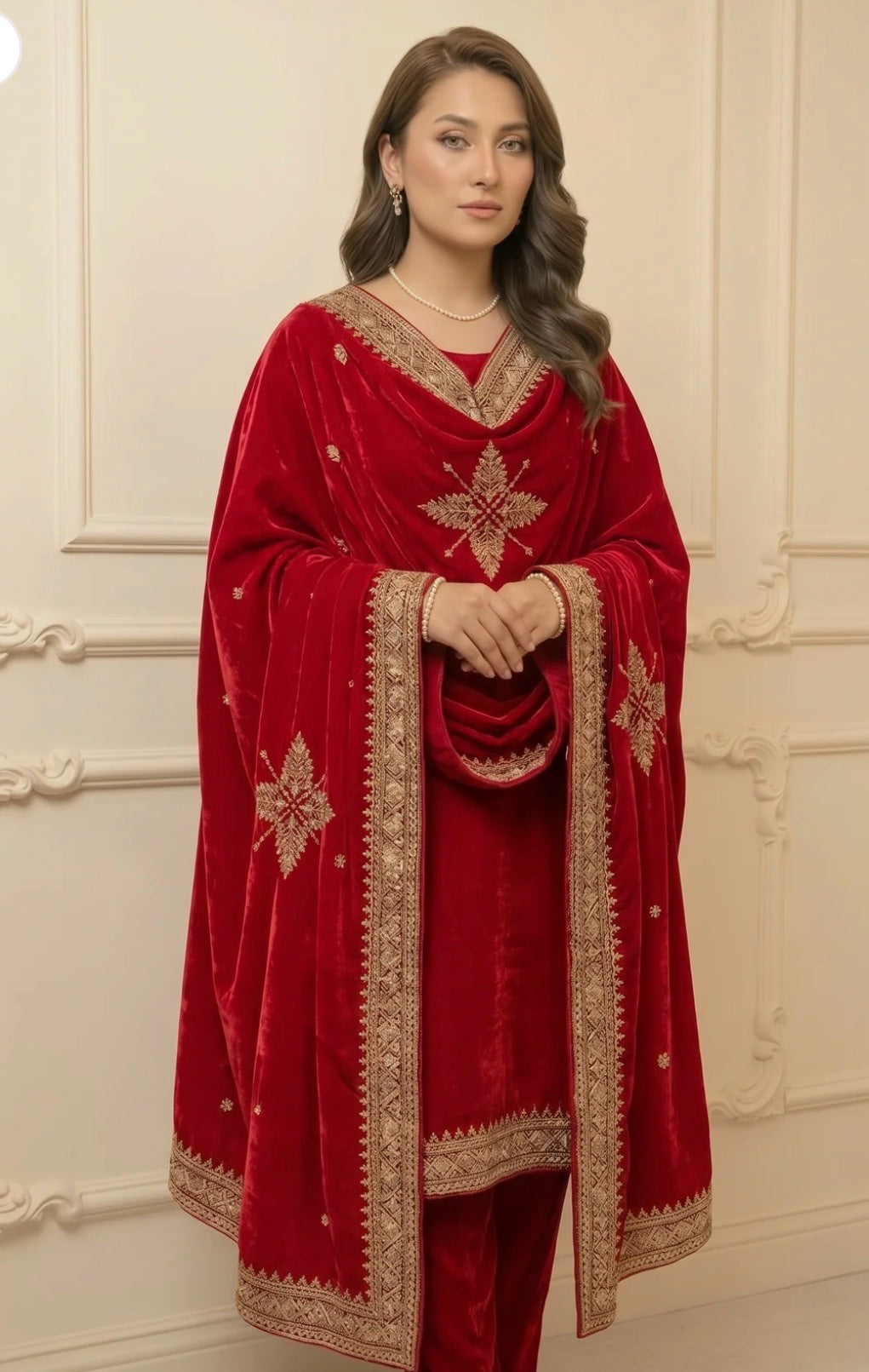 Embroidered Velvet Shawl - Red