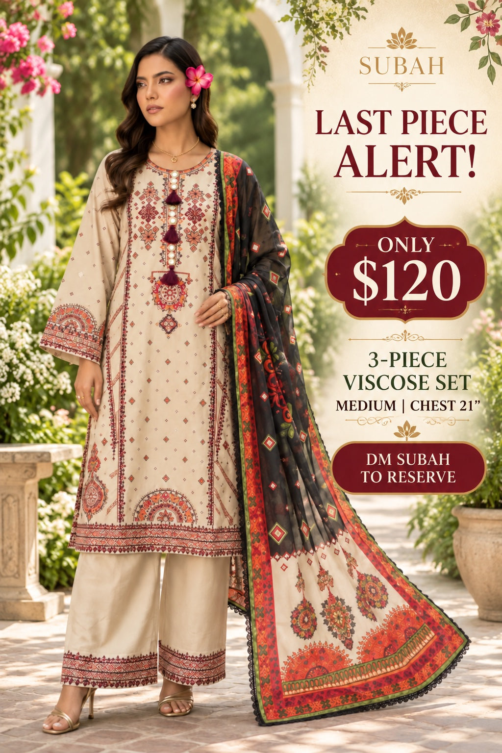 Cream Printed Viscose 3-Piece Set - Medium