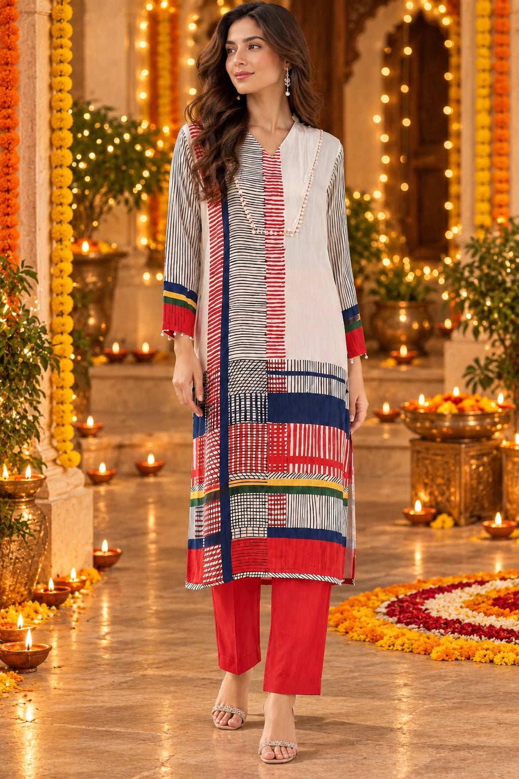 Geometric Patchwork Print Viscose Kurta Set