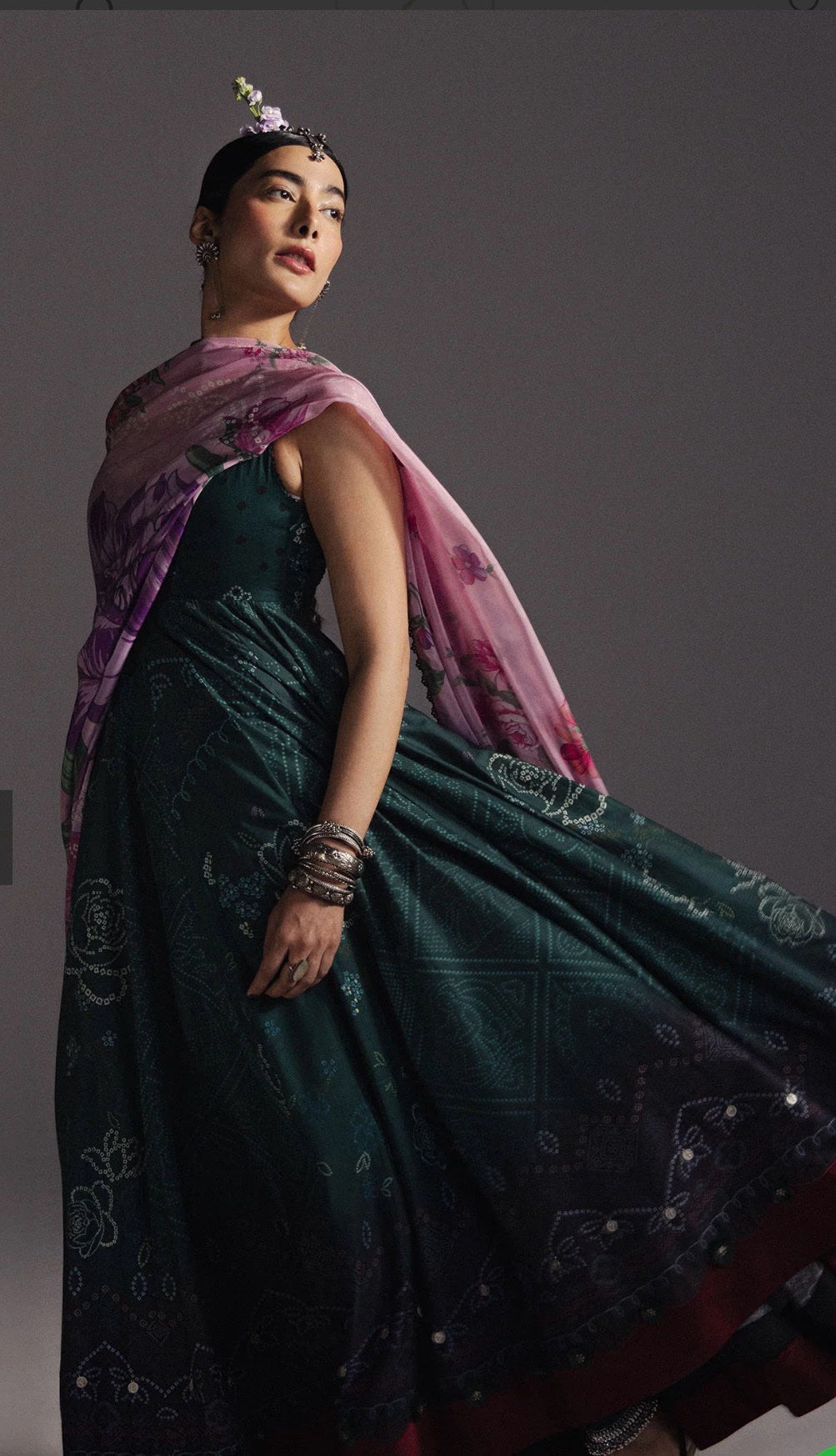 Zara Shahjahan Emerald Green Pishwas with Floral Dupatta, flowing skirt