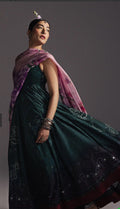 Zara Shahjahan Emerald Green Pishwas with Floral Dupatta, flowing skirt
