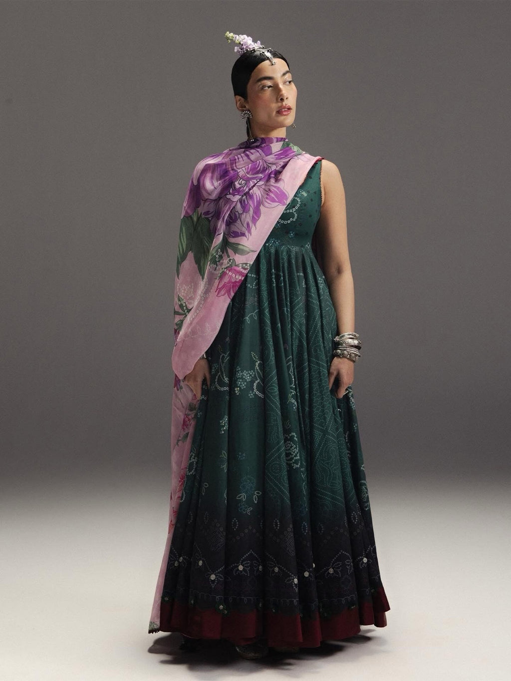 Zara Shahjahan Emerald Green Pishwas with Floral Dupatta, front