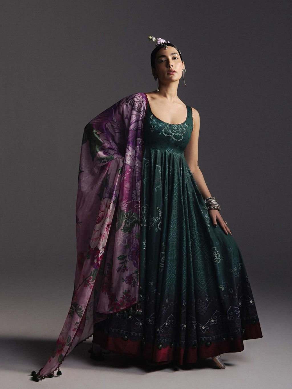 Zara Shahjahan Emerald Green Pishwas with Floral Dupatta, with dupatta