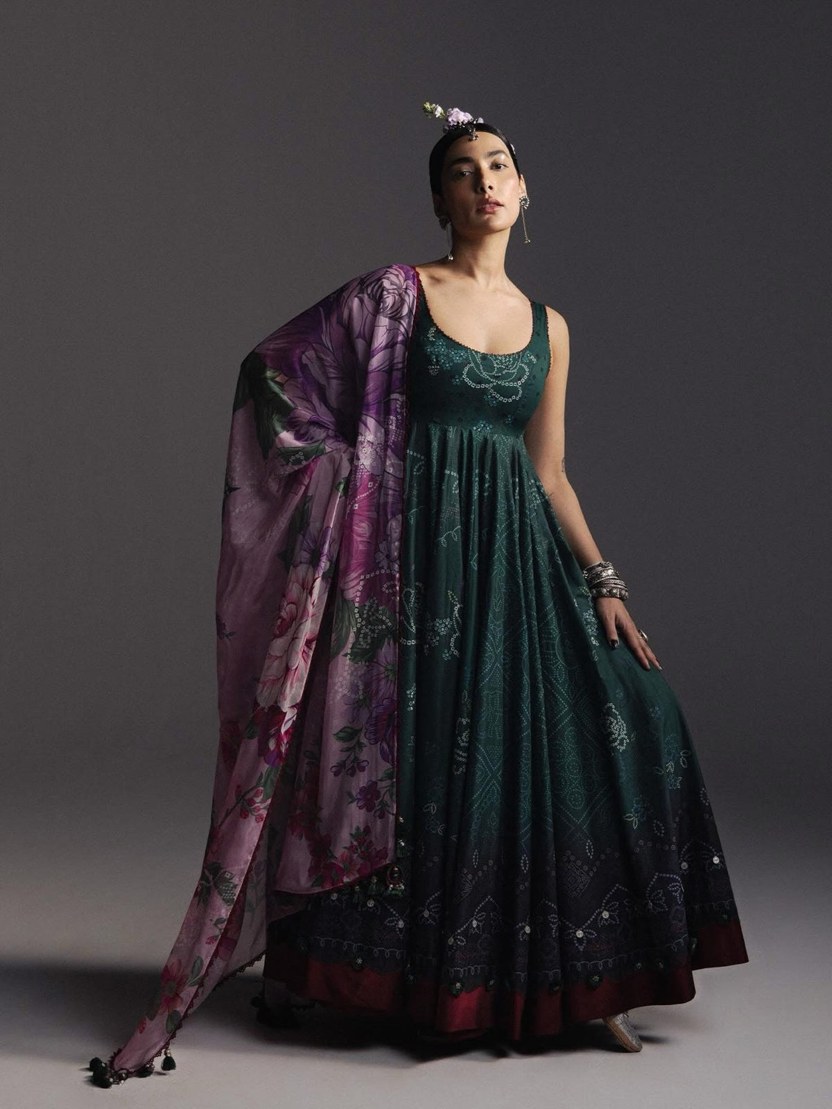 Zara Shahjahan Emerald Green Pishwas with Floral Dupatta, with dupatta