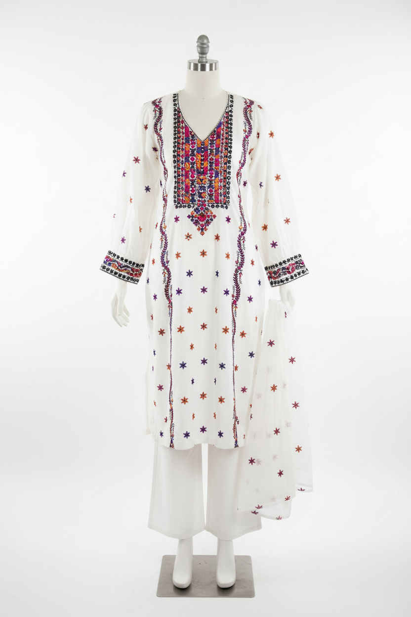 White Balochi Embroidered Cotton Dress on Mannequin