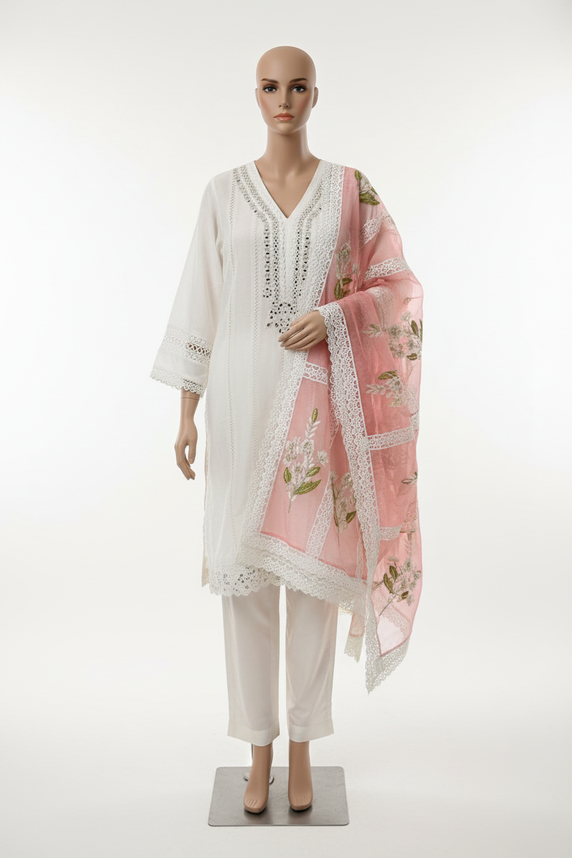 White Khaddi Net with Lacework and Mirror Work